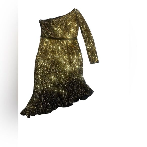 MARCHESA NOTTE Gold Sequin Ruffle Asymmetric One Shoulder Cocktail Dress Size 8 - Picture 4 of 7